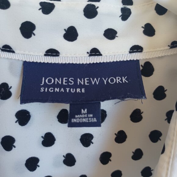Jones New York Blouse White Black Apple Print Roll Tab Sleeves Womens Medium - Picture 4 of 7